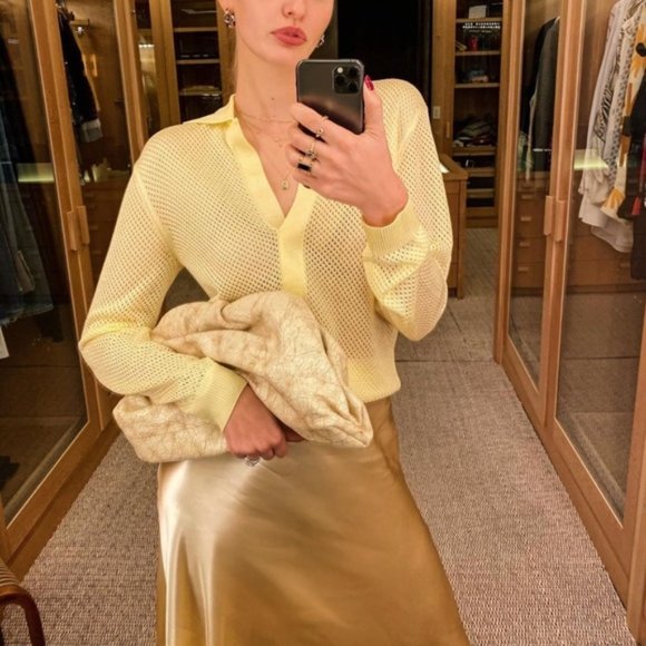 Tibi Tops - TIBI Sheer Mesh Collared Sporty Pullover Knit Polo Sweater in Yellow Size XXS